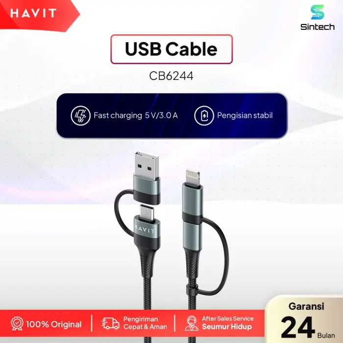 HAVIT USB Cable CB6244 |  Kabel Data 2 in 1 USB TO Lightning, Lightning TO USB Fast and Stable Charging Aluminium Panjang
