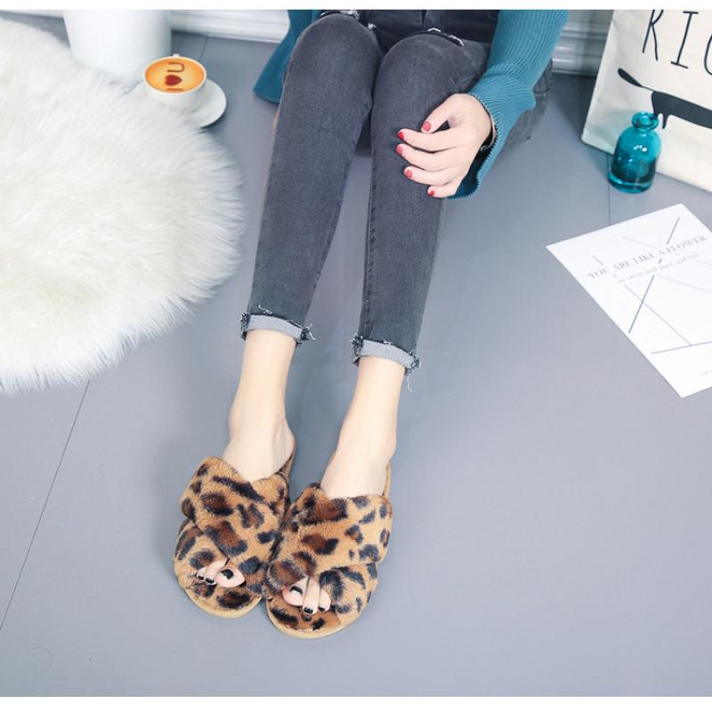 New Women Slippers Winter Warm Shoes Flat Sweet Woman Indoor Faux Fur Warm Soft Slip on Home Leopard Print Pink Furry Ladies Slipper 2