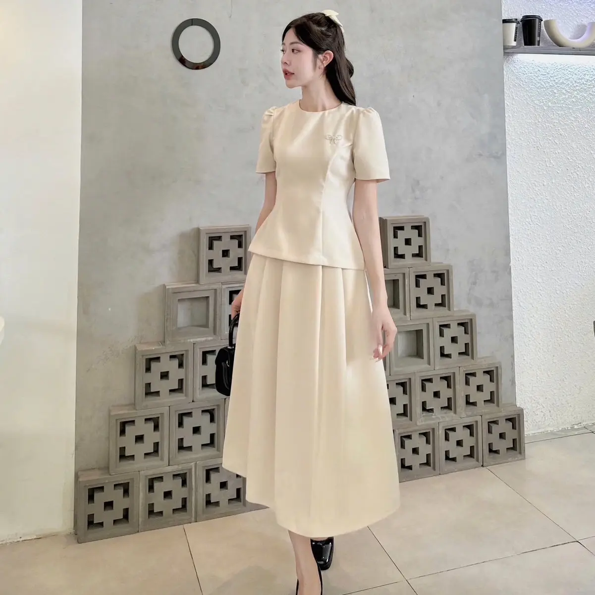 SE261(Có tách lẻ) SET ÁO PEPLUM CỔ TRÒN KÈM CHÂN VÁY MIDI XẾP LY DÁNG XOÈ tay phồng chất tuyết mưa vintex phù hợp đi làm, đi chơi, đi tiệc Nữ Women  Top Kem Jacket