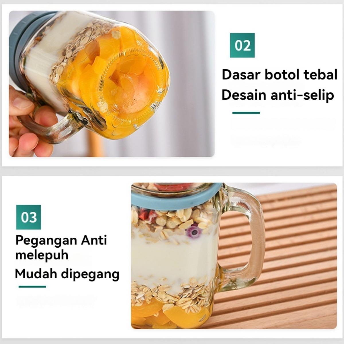 Gelas Oatmeal Kecil dengan Tutup & Sendok - Alat Sarapan Sehat, Wadah Yogurt, Cangkir Kopi, Botol Mason Jar, Tempat Bekal Kreatif untuk Salad, Susu, dan Minuman Secara Ringkas