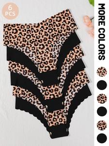 Women's Plain & Leopard Print Brief, Casual Comfy Breathable Seamless Knicker for Daily Wear, Ladies Underwear Panties for All Seasons
