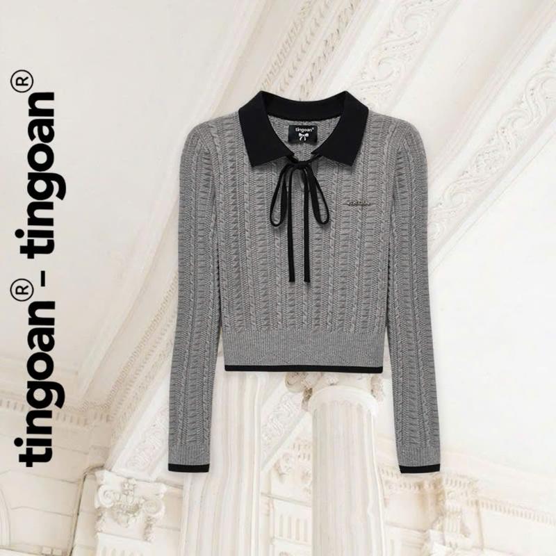 TINGOAN - Áo len xù xám đậm dáng lửng phối cổ bẻ dây nơ đen HELEN TOP/GR