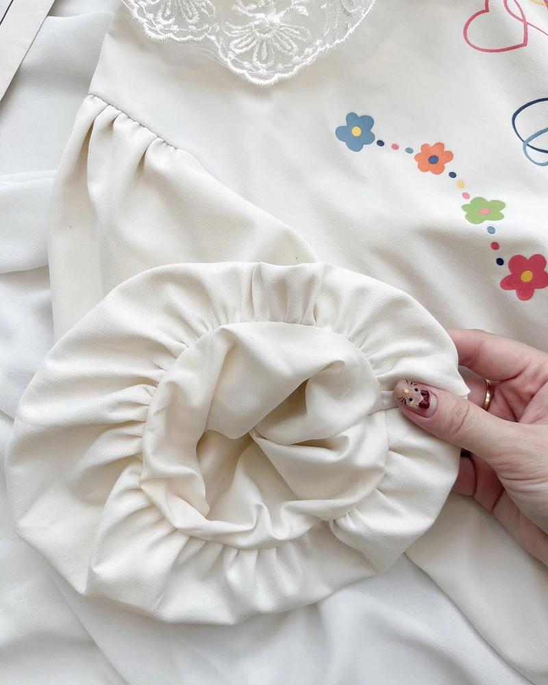 Product Introduction of Set áo linen cổ viền ren tay bồng in hoạ tiết cute phối chân váy xoè tầng cạp chun màu be mùa hè (loại 1) 16