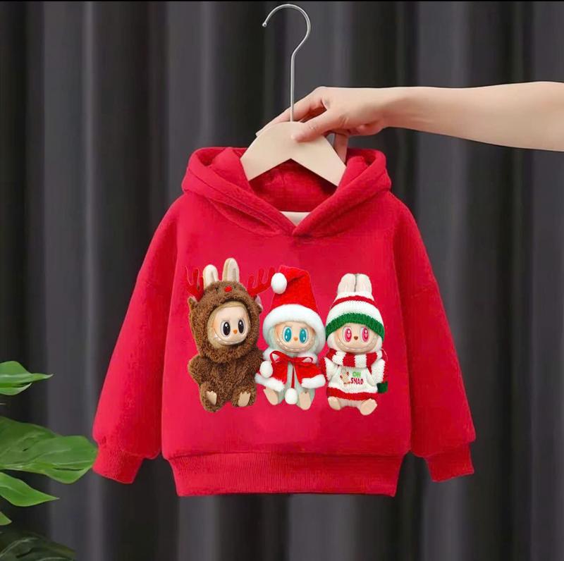 Áo nỉ hoodie thu đông dành cho bé trai và bé gái 14-45kg mẫu NOEL LABUBU. Chất liệu ấm áp, co dãn. D56 0