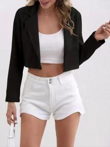 Women's Solid Lapel Neck Crop Blazer, Elegant Fashion Long Sleeve Open Front Outerwear for Work Office Business, Ladies Clothes for All Seasons