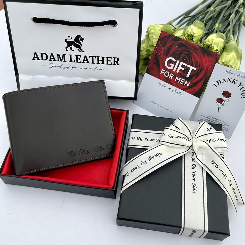 [QUÀ TẶNG NGƯỜI THƯƠNG] Ví bóp nam da bò thật, khắc tên anh người yêu, vợ chồng A dam Leather - Tặng kèm túi, thiệp, hộp nơ sang trọng Trơn Ví gập ba Wallet Nhiều Ngăn v í  Chữ Nhật Kem