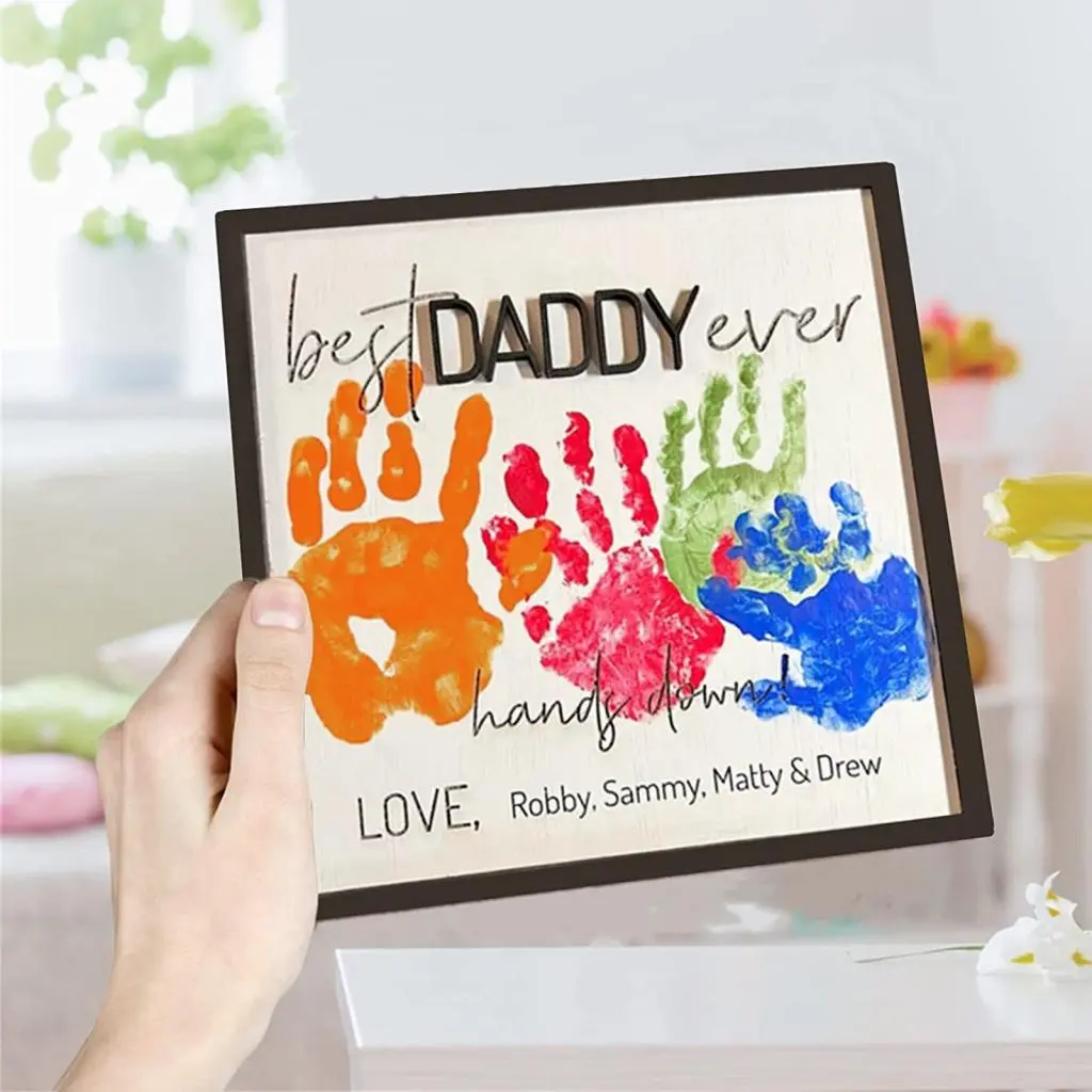 Yaojiqina Kids' Handprint Art Project Wooden Handprint Ornament Dad Ever Wooden Plaque Desk Father and Kids Handprint Keepsake Father's Day Gift from Daughter Son Papa Grandpa