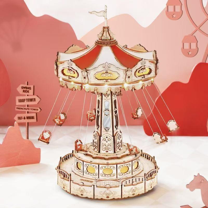 Product Introduction of Music Box Puzzle Aerial Flying Chair DIY Handmade Model Building Blocks 3D Puzzle Model Wooden Toy Driving Assembly 13