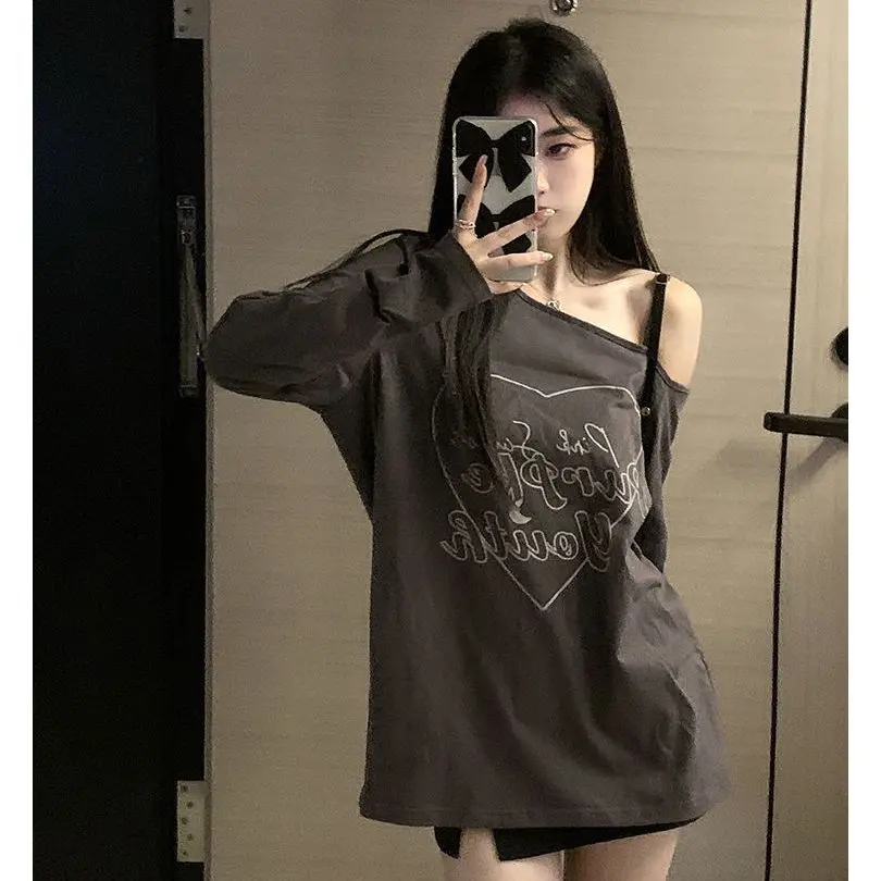 Early Autumn Long Sleeves T-shirt Women's Pure Desire Style Design Sense Niche Chic Sneaky Design off-Shoulder Loose Fashionable Hot Girl Top Blouse