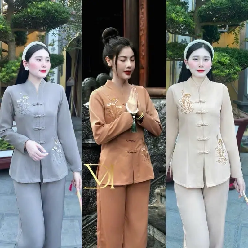 M189-Set đồ lam bà lai thêu hoa sen kiểu truyền thống cho nữ - Women