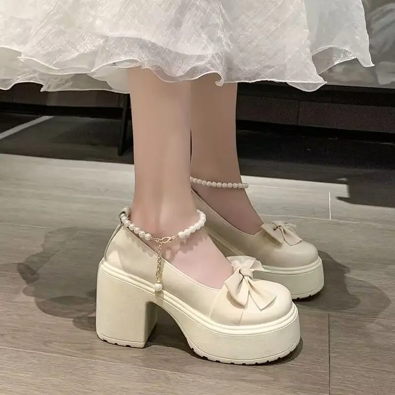 Mary Jane - Giày Cao Gót Da Nữ, Phong Cách Thanh Lịch Mới, Có Nơ, Đế Dày, Chunky, Gót Ngọc Trai, Váy Phù Hợp, Mùa Xuân