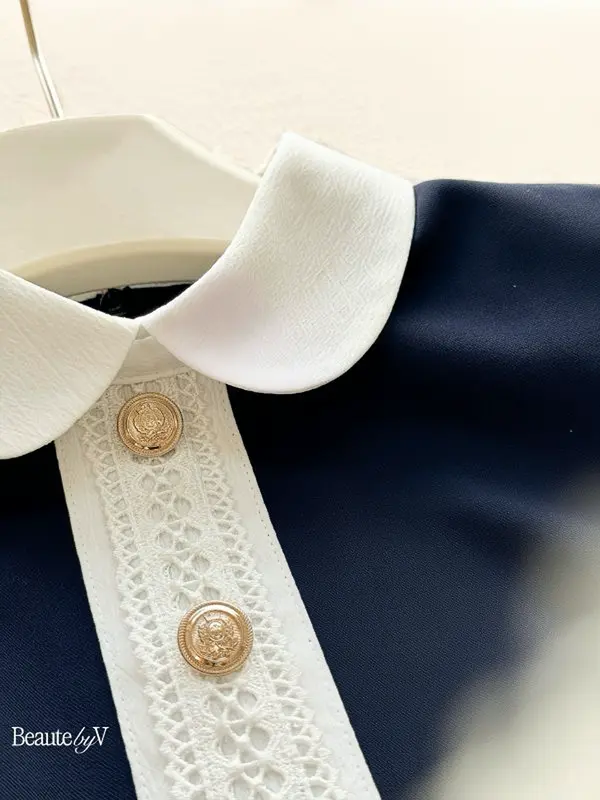 BEAUTEBYV - Váy nữ dáng A phối cổ sen trắng đính cúc giả trang trí Hazel 5