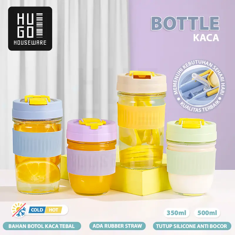 HUGO Tumbler Kaca 350 ml dan 500 ml Gelas Botol Minum Kaca Bening Aesthetic Coffee Cup Anti Tumpah 0
