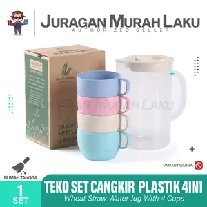 Cangkir Pelangi Mug Teko Set Gelas Plastik 4in1 Bahan Jerami