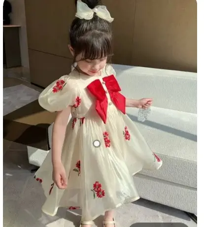 Váy bé gái tiểu thư [TE02] organza hoa nơ đỏ