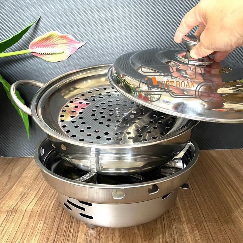   2in1  Bếp Cồn Chắn gió INOX   Nồi Lẩu + VĨ HẤP- INOX dày. Combo bộ bếp cồn nồi lẩu dê hấp tía tô cá hấp . Nhiều size 
