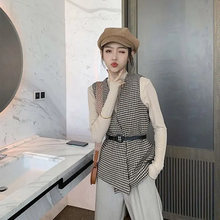 Áo Vest Họa Tiết Răng Nanh, OOTD, Mùa Thu Và Mùa Đông, Phong Cách Cổ Điển Mới, Thời Trang, Giảm Tuổi, Cổ Điển, Ngoại Cỡ, Thanh Lịch, Quần Áo Nữ Phong Cách Hàn Quốc 8