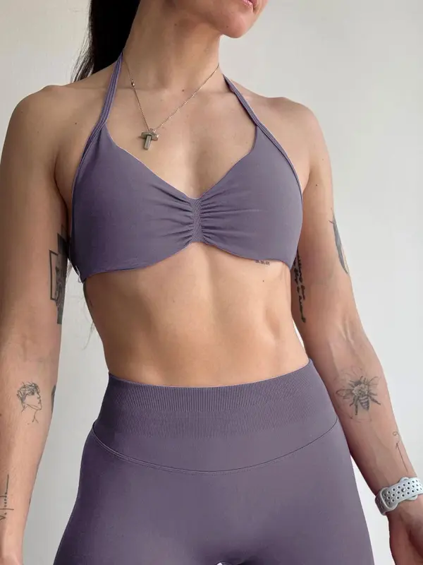 Women's Solid Color Ruched Design Halter Sports Bra, Casual Comfy Breathable Backless Bra for Yoga Gym Workout, Ladies Sportswear for All Seasons, Workout Clothes Women 4