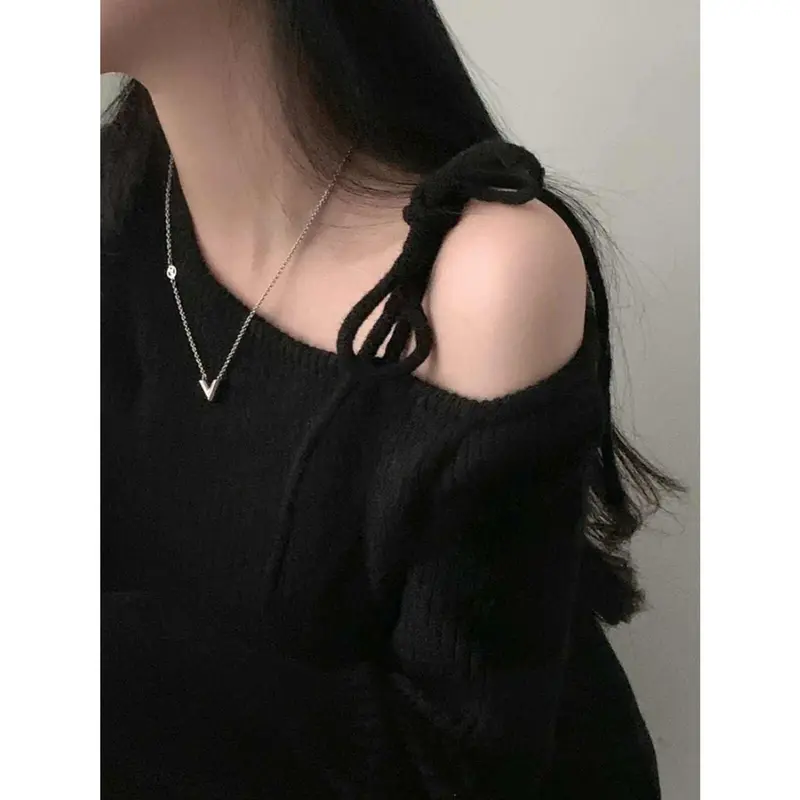 Áo Len Dệt Kim, Phong Cách Hàn Quốc Sang Trọng Màu Đỏ Trễ Vai Buộc Dây Thiết Kế Xinh Xắn, Thích Hợp Cho Mùa Thu Và Mùa Đông, Hàng Mới Về, Chất Lượng Cao, Áo Bột Mềm Độc Đáo 2