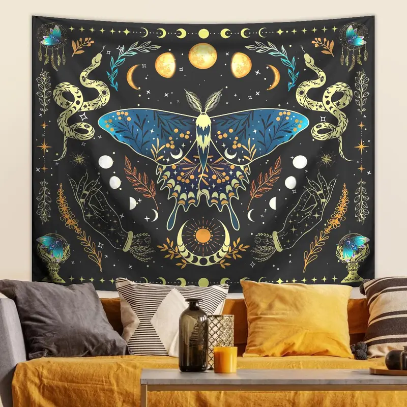Butterfly & Moon Pattern Tapestry, Bohemian Plant Starry Sky Tapestry, Wall Hanging for Bedroom Living Room Study Room Office 0