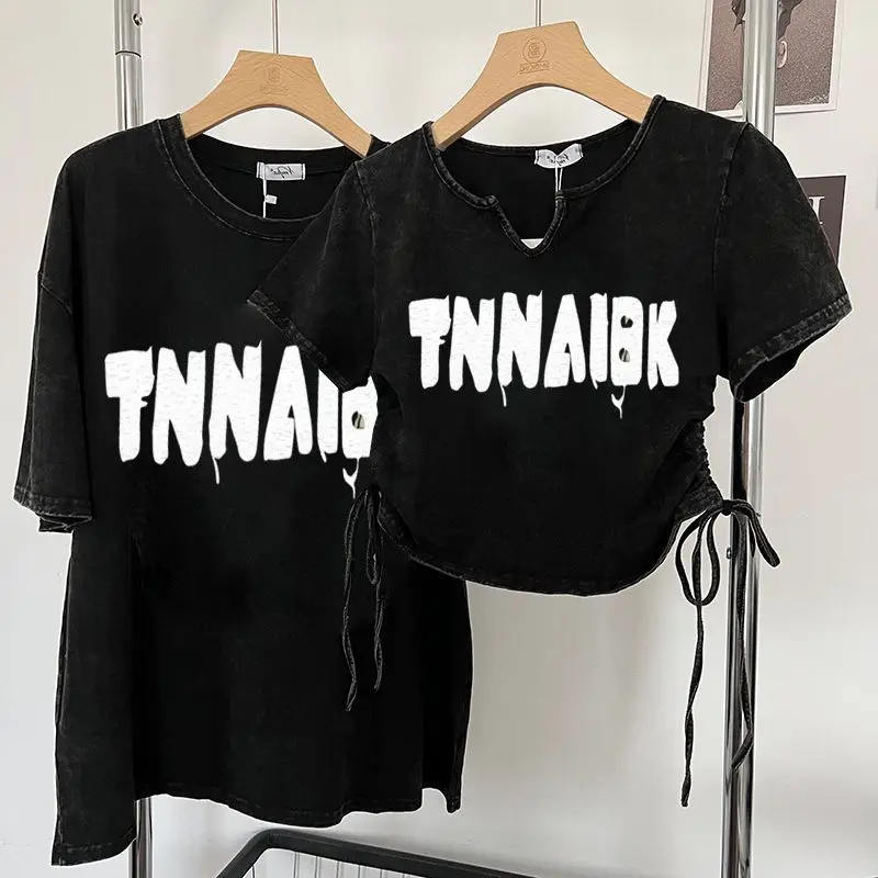 Trang Phục Cặp Đôi, Phong Cách Hồng Kông, Áo Phông Dài Và Ngắn, Phong Cách Ins Giặt Và Làm Cũ, Áo Crop-Top Cô Gái Nóng Bỏng Cổ Điển Mỹ Áo Ngắn, Sôi Nổi Women Quần