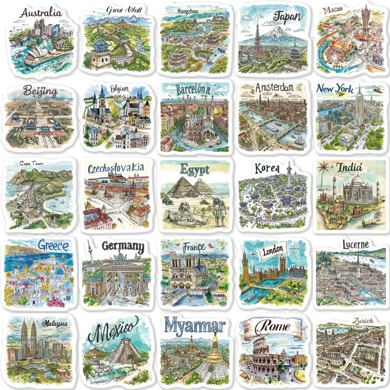 Travel Map Pattern Sticker, 50pcs/set Cartoon Waterproof Self-adhesive Sticker, Diy Decals for Gift Greeting Card Water Bottle Laptop, Scrapbook Materials 7