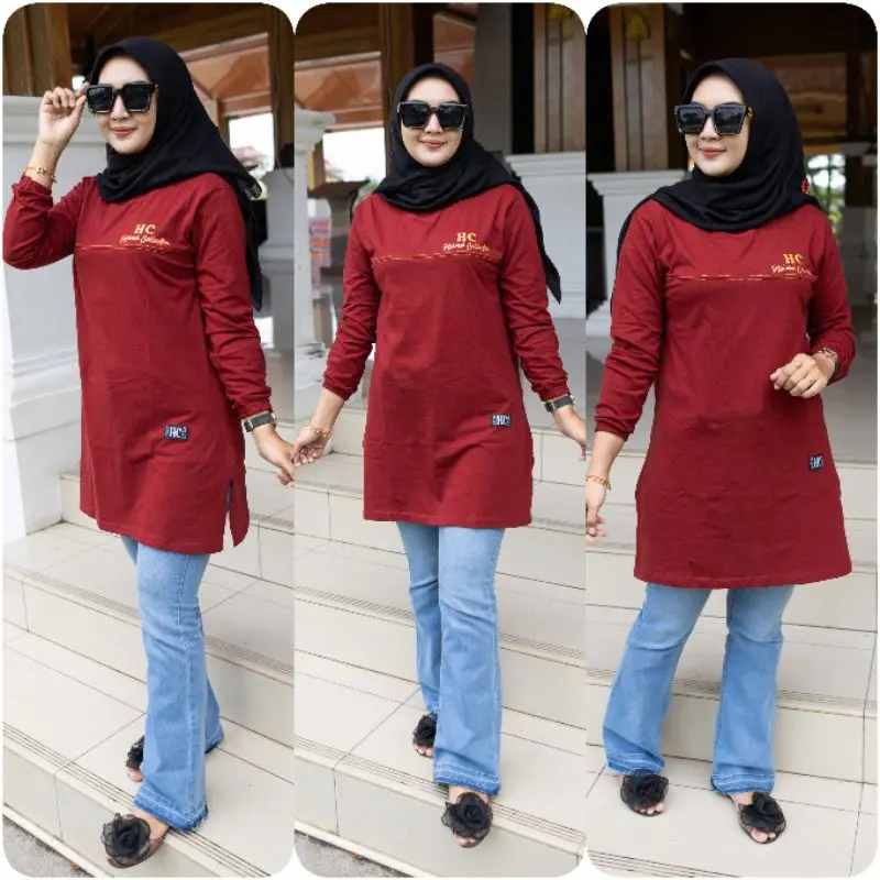 TUNIK SAMBUNG EMAS KAOS WANITA TANGAN PANJANG DI KERUT PAKAI KARET JAHITAN BELAH PINGGIR BAHAN KATUN KOMBET 20 S 0
