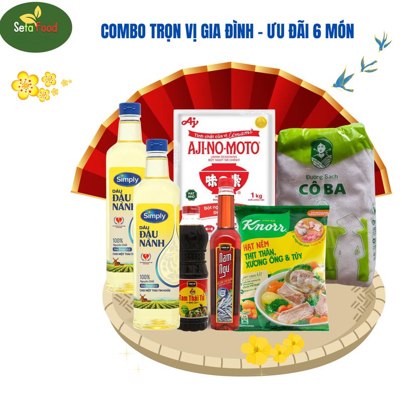 [Combo 6 món Tết Ưu Đãi] Dầu Ăn Simply 2 Lít  2 Chai Đậu Nành Nước Mắm Nam Ngư 500ml Nước Tương Nhị Ca 500ml Đường Cát Trắng 1 Kg Bột Ngọt Ajinomoto 1 kg hạt nhỏ Hạt Nêm Knorr 900g Nước Sốt Gia Vị Chua nuoctuong chinsu nuoc mam Đu Đủ Cay