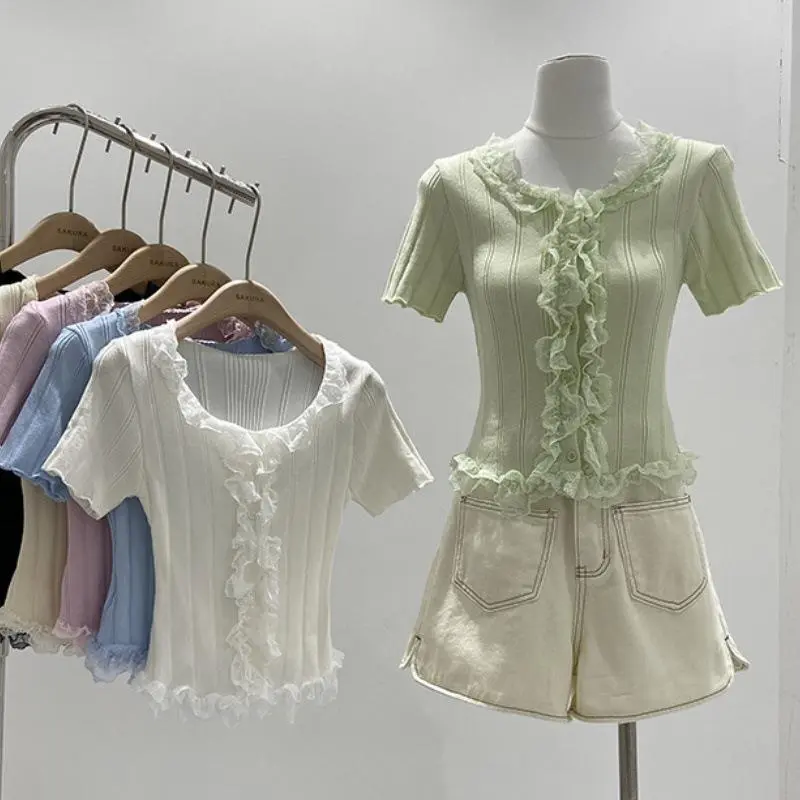Áo Len Ngắn Tay, Dây Ren Selvedge, Dành Cho Phụ Nữ, Mùa Hè 2024, Áo Ngắn