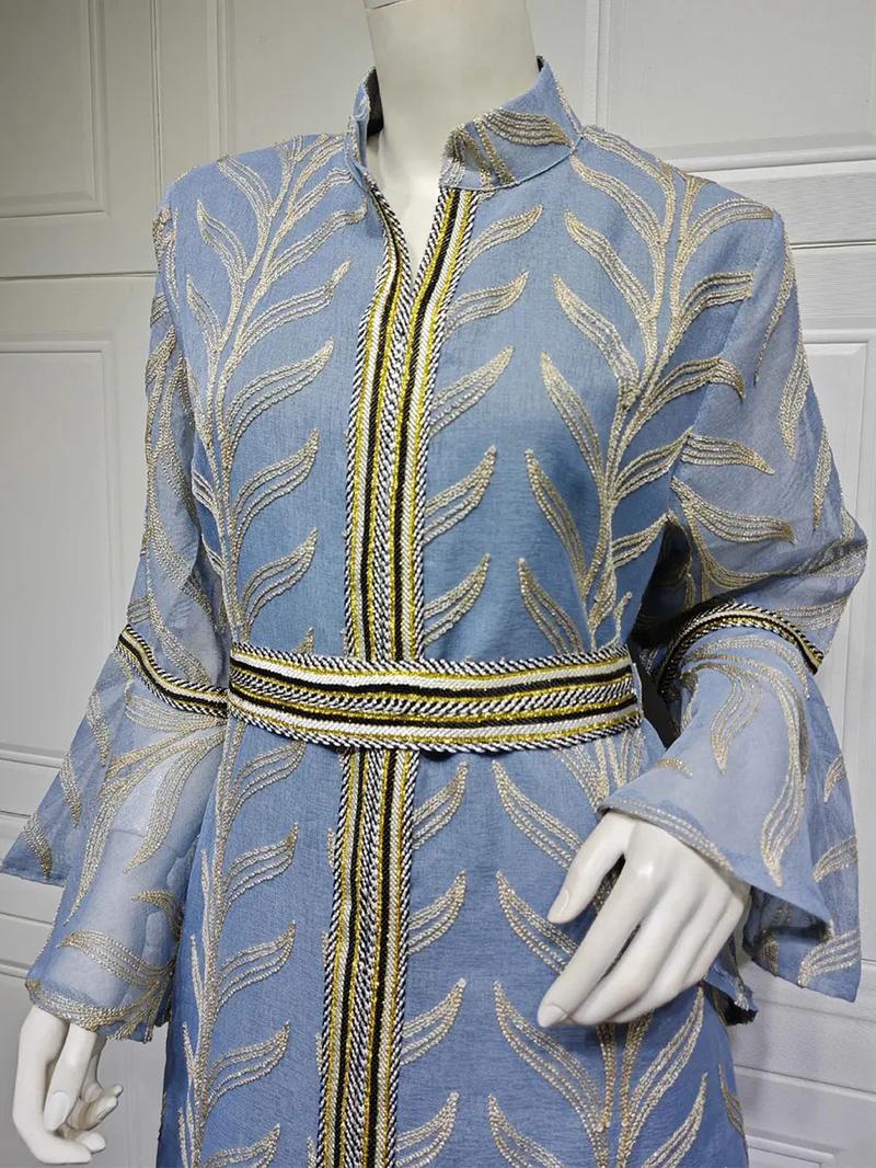 Product Introduction of Dubai Embroidery Abaya With Belt For Muslim Woman Notched Stand Collar Flare Sleeve Elegant Loose Moroccan Saudi Kaftan 23