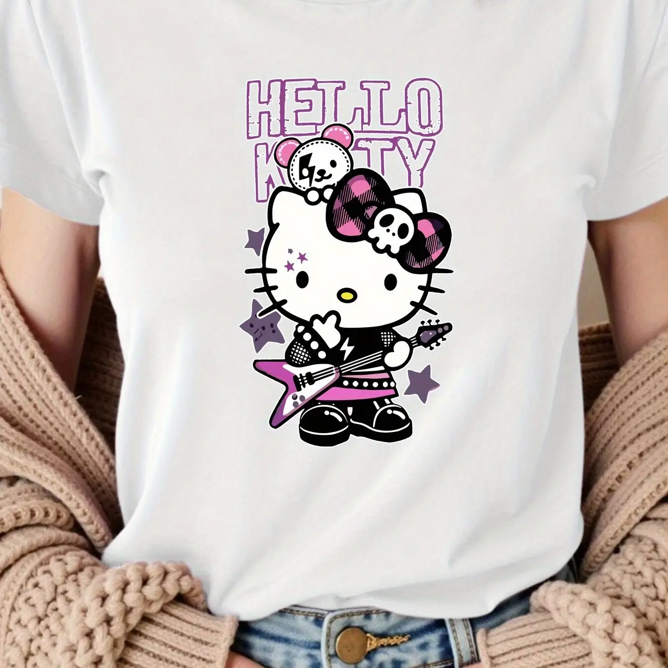 Women's Hello Kitty Bass Guitar Graphic Tee - Green Casual Crew Neck Short Sleeve Shirt with "HELLO PARTY" Print, Machine Washable, Summer Essential