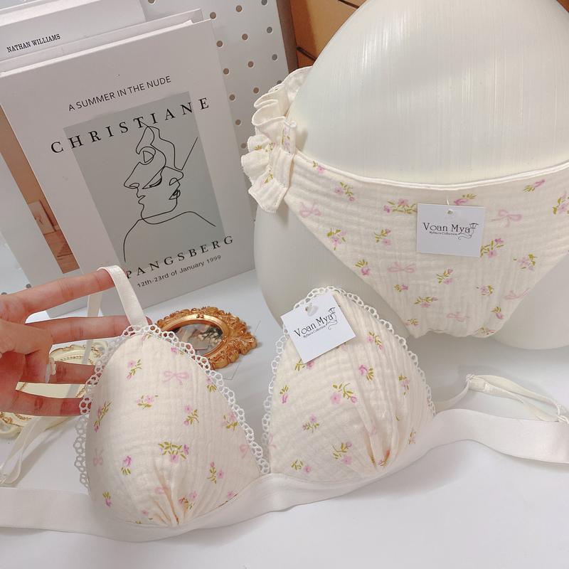 Bộ Pink Floral  áo lót vải muslin Voanmya - bralette mút mỏng không gọng Nội y thiết kế handmade by Voan Mya