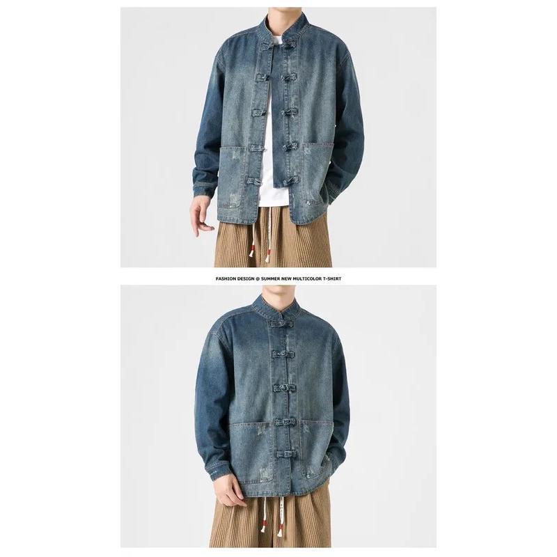 Retro Chinese Style Washed Denim Jacket For Men Spring Autumn Long Sleeved Stand Collar Top Fashion Vintage Ethnic Shirts Coat 5