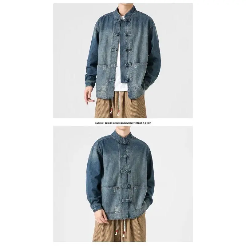 Retro Chinese Style Washed Denim Jacket For Men Spring Autumn Long Sleeved Stand Collar Top Fashion Vintage Ethnic Shirts Coat 5