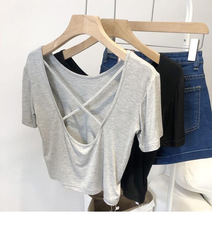 Product Introduction of 2024 Summer new Korean style slim fit sneaky design cross beauty back short underwear short-sleeved T-shirt top for women 7