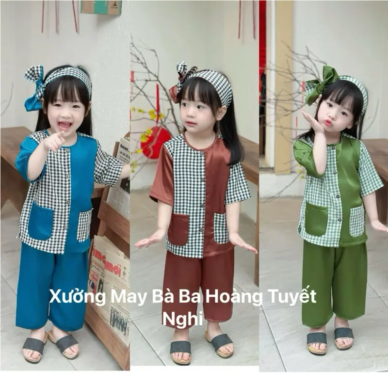 ( kem khăn ) 8.45kg Bà ba áo phối carro quân nâu. Chất phi lụa mịn mềm mát phụ hợp với mỗi lứa tuổi. Đi học di chơi)