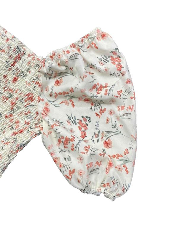 Women's Ditsy Floral Print Puff Sleeve Blouse, Casual Square Neck Shirred Ruffle Hem Top for Summer, Ladies Clothes for Daily Wear, Womenswear 4