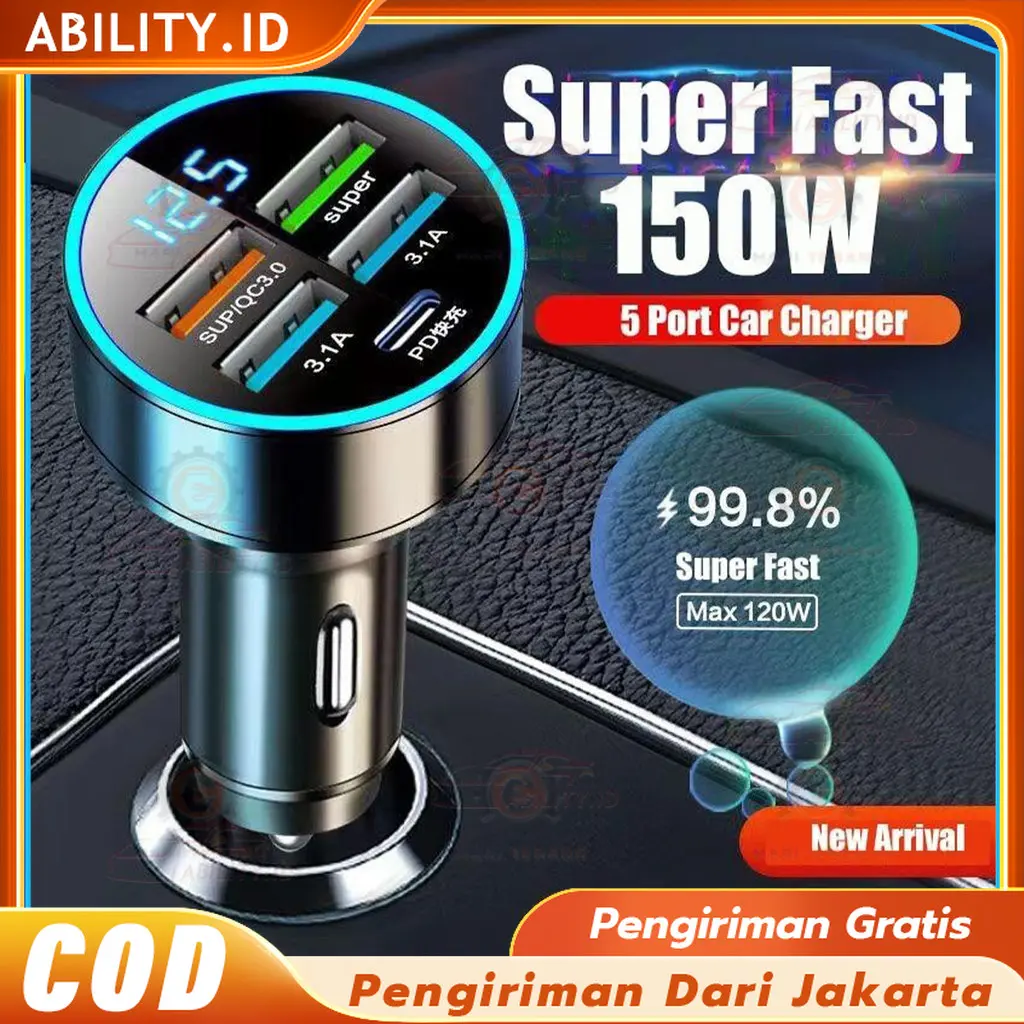 Charger Mobil 5 Port Qc 3.0 3.1A / Adaptor Mobil / Car Charger / Colokan Mobil / Fast Charging /150W Mobil Adaptor Charger Cepat Ponsel Di Mobil Adaptor Pengisi Daya Cepat Ponsel Auto Tampilan LCD 4 USB Port Type C PD