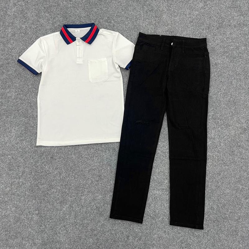 Combo áo Polo Nam PL23 Trắng Phối Quần Jean Nam Đen Rách Gối QJ089Đ Cho Anh Trai Menswear Có Cổ