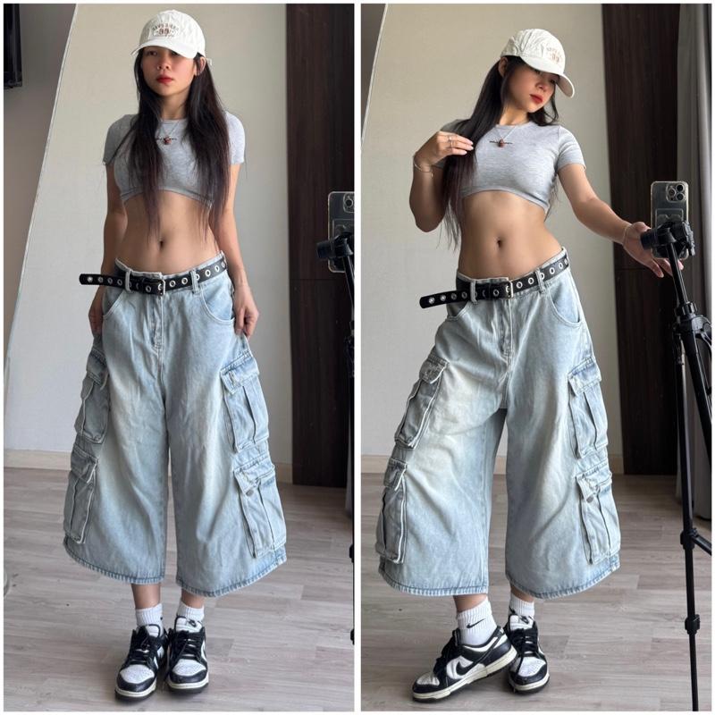 (ẢNH THẬT) Quần Lửng Cargo Túi Hộp Màu Xanh Sáng, chất jean dày dặn, siêu cá tính, unisex nam nữ đều mặc được