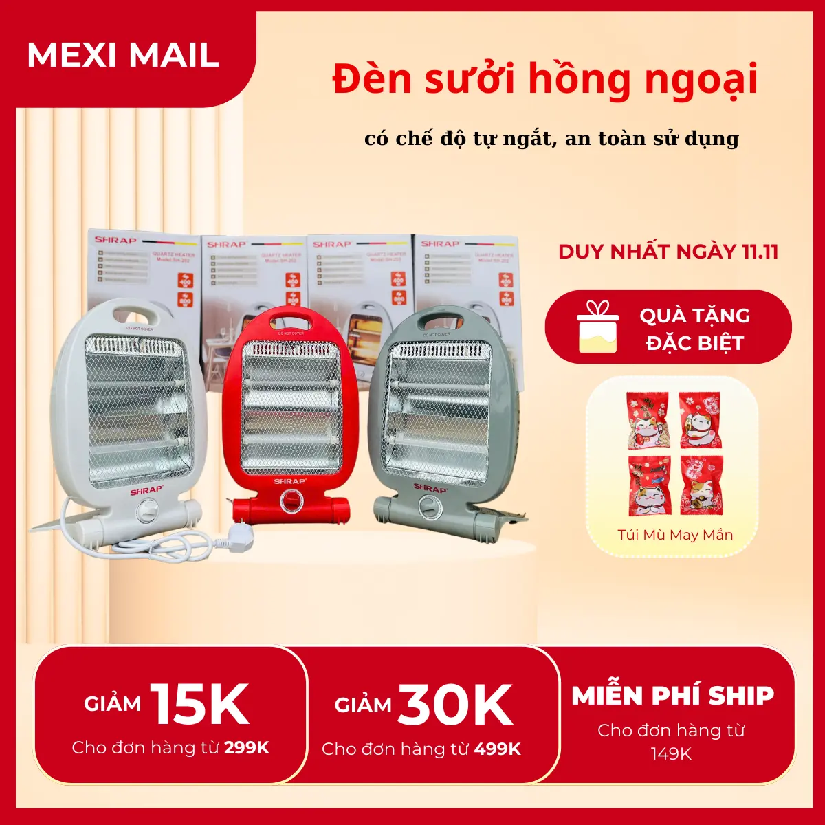 Đèn sưởi 2 bóng sưởi cao cấp, có chế độ tự ngắt, an toàn sử dụng, dành cho trẻ em