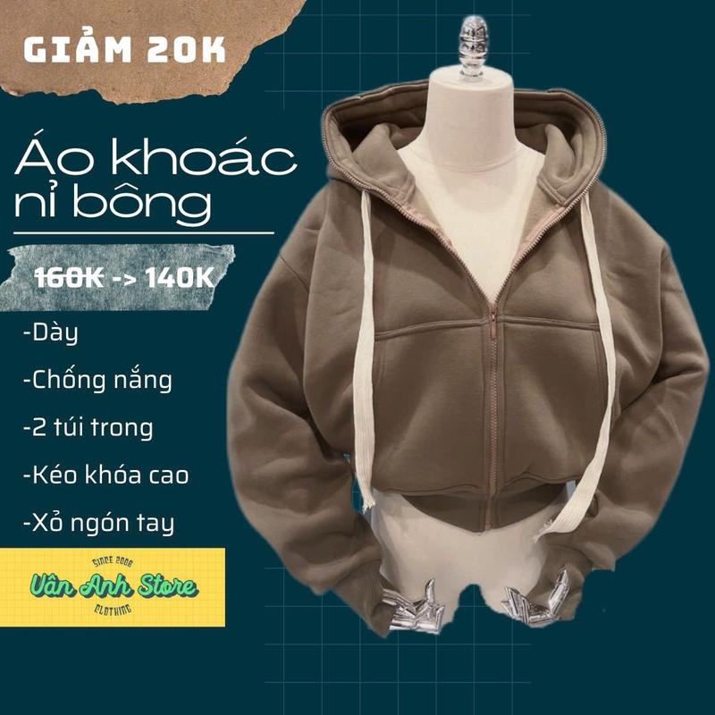 Áo Khoác Nỉ Trơn Form Lửng Kéo Khoá Cao Tới Khẩu Trang,4 Túi Basic có lót bông mềm mịn chống nắng tốt Nữ Top Women Jacket Jean Kem
