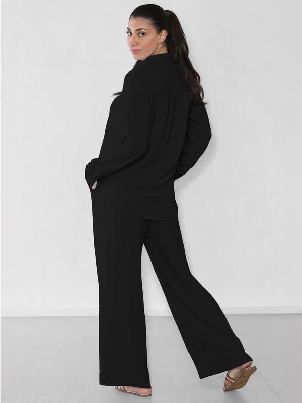 Women's Solid Button Front Shirt & Tie Front Wide Leg Pants Two-Piece Set, Casual Drop Shoulder Long Sleeve Top & High Waist Trousers for Summer, 2 Piece Sets Women, Ladies Clothes for Daily Wear 3