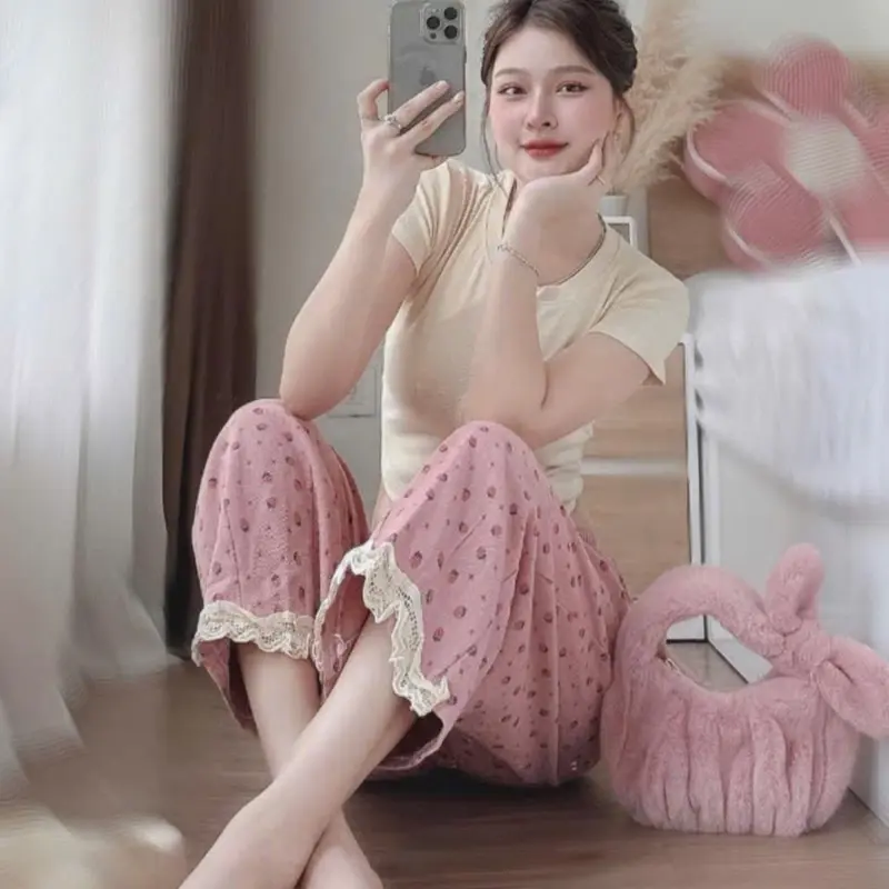 Sét áo thun tăm quần dày trái dâu 2màu Trắng Hồng  Women 2