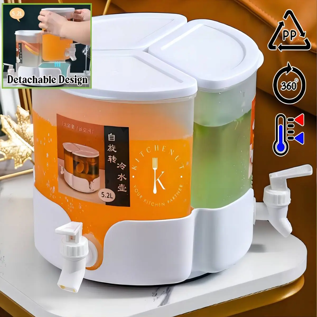 360° Rotatable Water Dispenser 5.2L Large Capacity Cold Kettle with 3 Compartments Taps Drink Juice Dispenser For Picnic Party Kitchenware