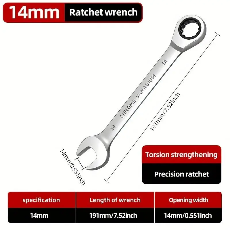 14mm Metric Ratchet Wrench, Carbon Steel Double End Wrench, Quick Mechanical and Automotive Repair Wrench, Fixed Head Wrench, Ratchet Combination Wrenches, High Quality Hardware, Hand Tools 1