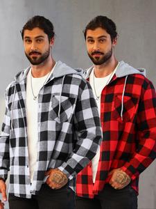 Plus Size Men's Plaid Print Drawstring Hooded Shirt, Regular Fit Casual Comfy Long Sleeve Button Front Chest Pocket Design Hooded Shirt for Outdoor Activities, Fashion Men's Top for All Seasons