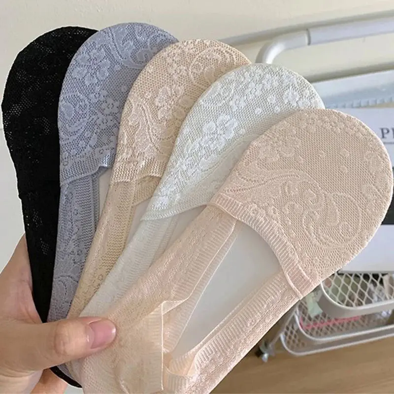 1/5pairs  Fashion Women Girls Summer Lace Socks Flower Short Sock Silicone Non-Slip Invisible Thin Breathable Boat Ankle Socks