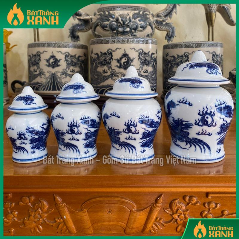 4 CỠ Choé thờ men lam Bát Tràng loại I, Hũ đựng muối gạo nước thờ cúng chất liệu gốm sứ 1