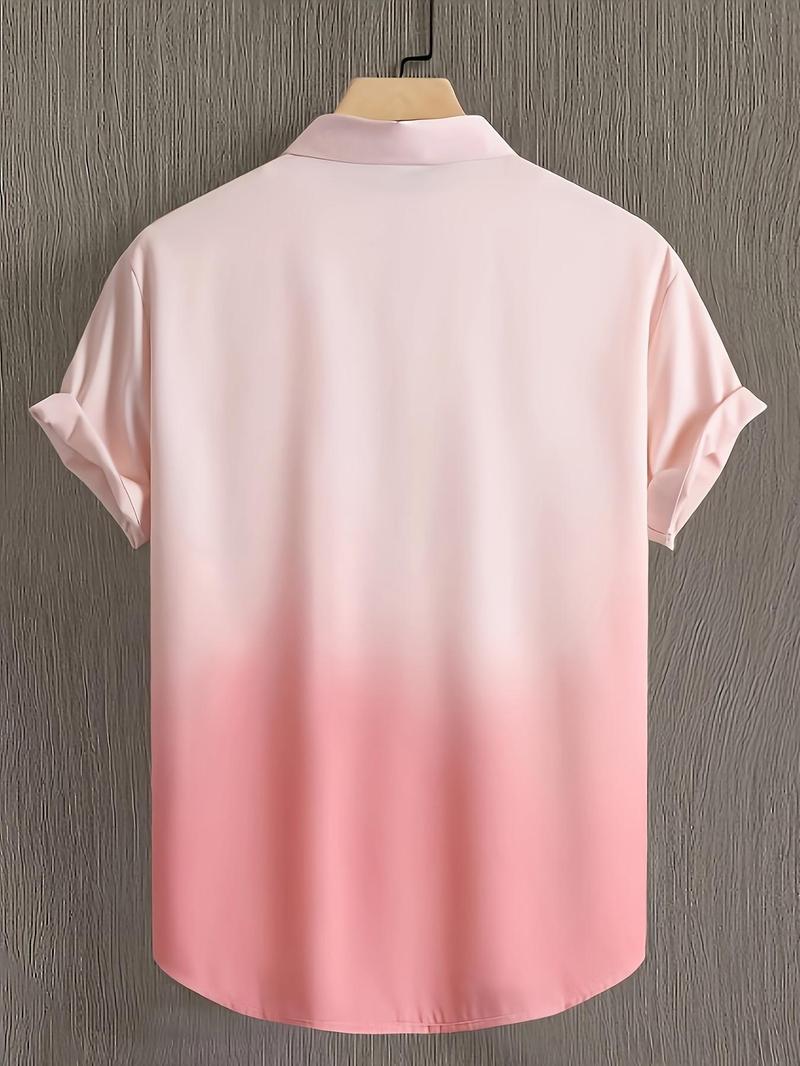 Product Introduction of Plus Size Men's Ombre Print Short Sleeve Shirt, Casual Fashion Necklace Decor Button Up Top for Summer, Men's Clothes for Daily Wear 2